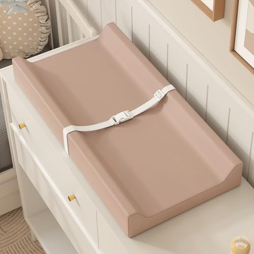 Image of YACODAVO Wipeable Baby Changing Pad for Dresser and Table, Cozy Diaper Changing Pad with Waterproof & Wipe-Clean Leather Cover, Light Brown