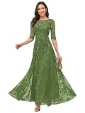 Tulle 3/4 Sleeves Mother of Groom Dresses Lace Appliques Formal Dress for Women Olive Green Pleated Maxi Gowns 12