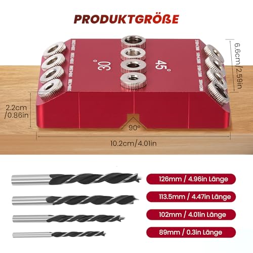 Winkelbohrloch-Führungslehre,30°/45°/90 ° Bohrschablone Ständer Halter für Abgewinkelte und Gerade Loch Halterung Senkrecht Dübelhilfe mit 4 Größen für Holzarbeiten oder DIY Projekt