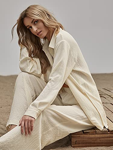 Floerns Women's 2 Piece Outfits Slit Hem Longline Blouse And Wide Leg Pants Set Plain Beige L #TOP3