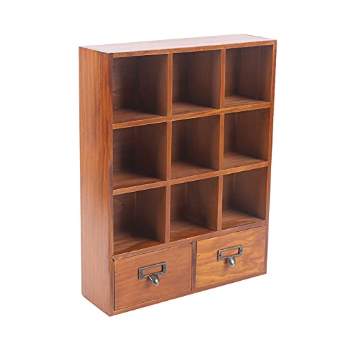 Vitrina de madera, vitrina de coleccionista, estantería de madera, estantería de pared, con 9 compartimentos expositores y 2 cajones, para coleccionar, 33,3 x 10 x 42,5 cm