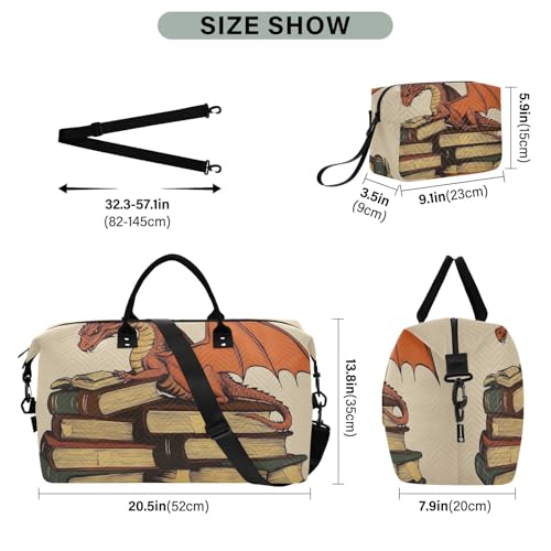Travel Duffel Bag Orange Dragon Books Gym Bag Sports Tote Bag with Multiple Interior Pockets Shoulder Weekender Bag for Women Men with Toiletry Bag 20.5”x 7.9”x 13.83