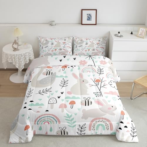 Image of Feelyou Cartoon Goose Bunny Comforter Set Full, Cute Rabbit Comforter Set Cartoon Rainbow Comforter Botanical Leaves and Flowers Duvet Set Lightweight Quilt Set