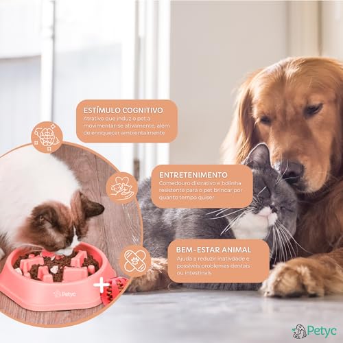 Kit Pets PETYC Comedouro Lento Labirinto + Bolinha Interativa Porta Petiscos Alimentação (Rosa)