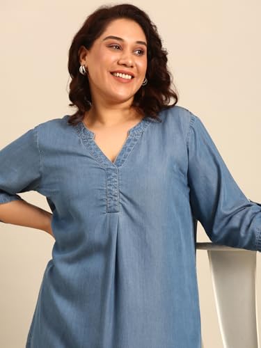 Image of The Pink Moon Women's Midi A-Line Plus Size Denim Dress - (DRS NIM18 Tencel)