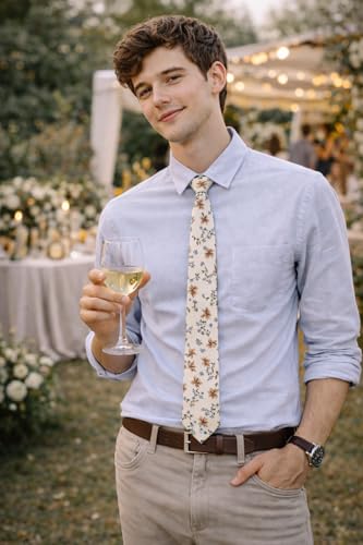 Image of BELLUNO Men's Cotton Floral Skinny Tie, 2.5 inch Width, with Gift Box