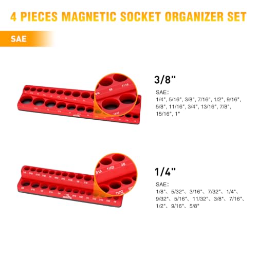 Image of GOOACC 4 PCS Magnetic Socket Organizer Set, Heavy Duty Socket Organizer Tray 1 /4 inch 3 /8 inch SAE Metric Drive Sockets Holds 108, Magnetic Socket Holder for Tool Box Drawer Chest Garage Storage, Blue & Red