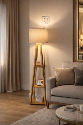 Image of Floor Lamp with 3-Tier Wooden Shelves, Linen Shade, Tripod Style, Living Room Standing Light