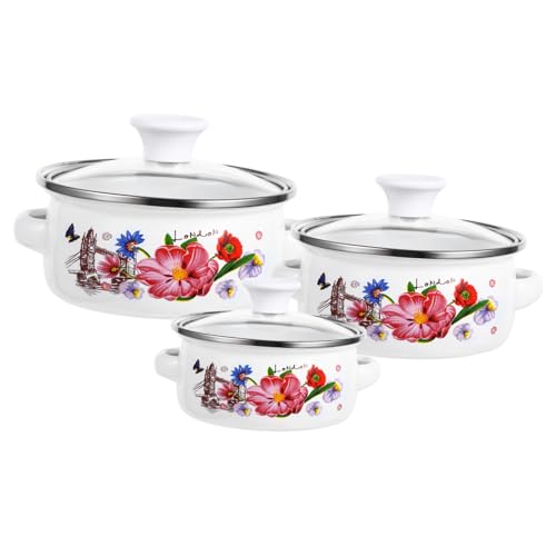 TOGEVAL 3 Piezas Ollas de Esmalte Mini con Doble Asa Olla para Sopa con Plano Resistente y Adecuada para Cocina Eléctrica Inducción Diseño Elegante y Antiadherente