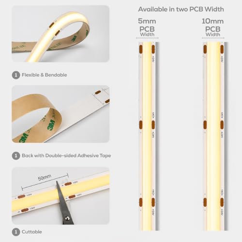 Image of Nortek Tisya 10 Meter Runs On 24V Warm White Cob Led Strip Lights Power Rated 12W /M 480 Led Light Per Meter LED Lights for Home, Bedroom, Living Room, TV, Diwali