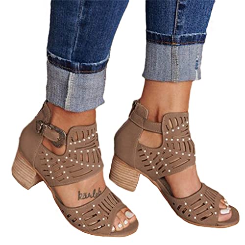 tinbarry Sandales à talons blocs pour femmes bottines découpées à bout ouvert sandales de gladiateur chaussures d'été