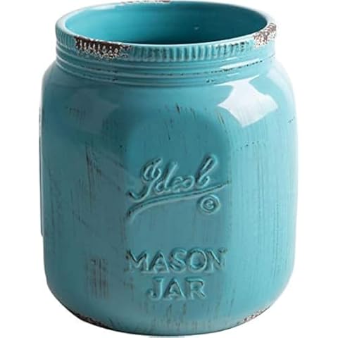 Palais Essentials Ceramic Utensil Crock Utensil Holder (Mason Jar Antique Aqua Blue 7" High) Cover