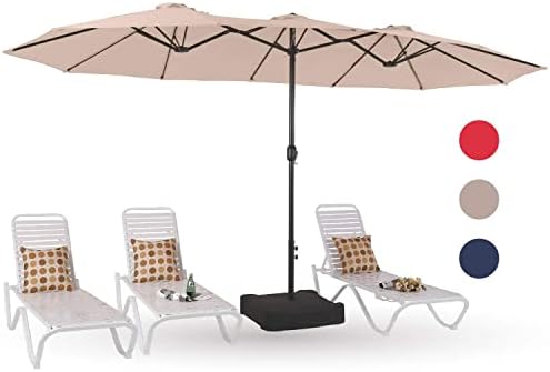 PHI VILLA 15ft Large Patio Umbrellas with Base Included, Outdoor Double-Sided Rectangle Big Market Umbrella with Stand, Outside Umbrellas for Poolside Lawn Backyard, Beige