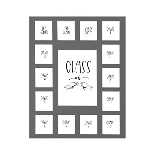 Image of Rustic Red Door Co. Class of 2040 Photo Mat (11 inch x 14 inch) Photo Collage Picture Frames Mat for School Pictures - No Frame Grey Photo Mat from Pre - K to Graduation (15 Photos)