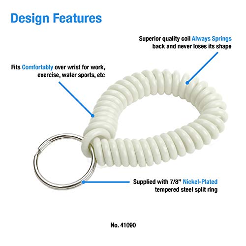 Image of Lucky Line 2 inch Spiral Wrist Coil with Steel Key Ring, Flexible Wrist Band Key Chain Bracelet, Stretches To 12 inch White, 10 Pack (41090)