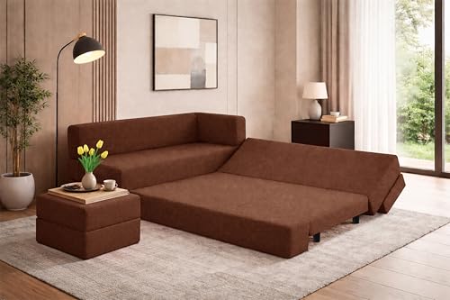 Image of Leg Sofa Cum Bed with Ottoman | Jute Fabric | Multipurpose Folding 3 Seater Sofa Bed 5x6 Ft for Living Room | Space Saving Furniture | Modern Design - Brown