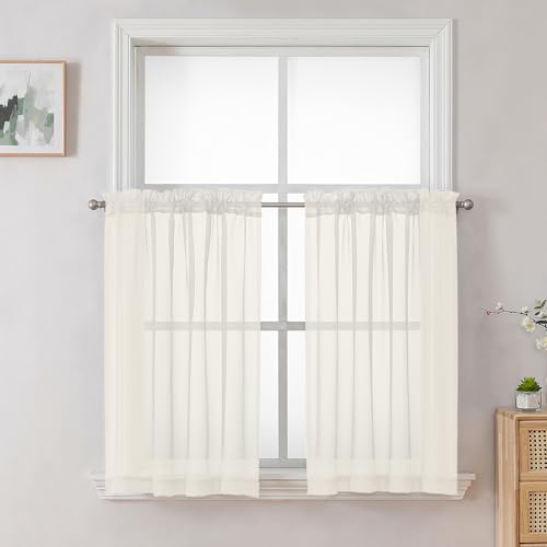 Image of OVZME Cream Sheer Curtains 36 inch Length 2 Panels Set, Light Filtering Voile Rod Pocket Short Window Curtians for Bathroom Living Room Farmhouse Small Windows, Each 42Wx36L Inches