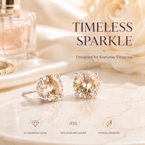 925 Sterling Silver Champagne CZ Stud Earrings for Women Birthstone Jewelry - image 2
