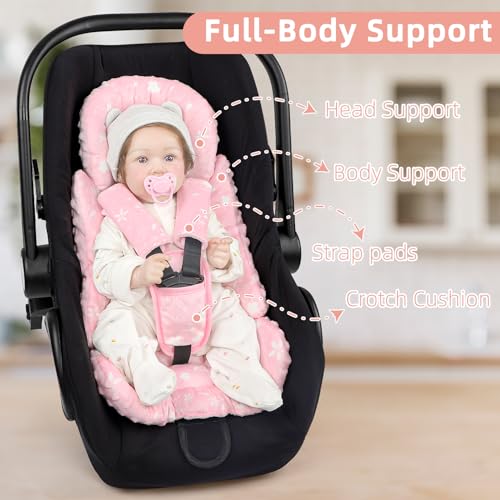 Image of Car Seat Head Support Baby, Soft Infant CarSeat Insert with Strap Covers for Girls, Newborn Insert for carseat, Strollers, Swings, Bouncer, Pink