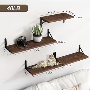 YGEOMER Floating Shelves for Wall Dark Carbonized Pine Wall Shelves Different Sizes Wall Mounted Wood Shelf for Living Room Bathroom Bedroom Kitchen Home Decor Set of 4
