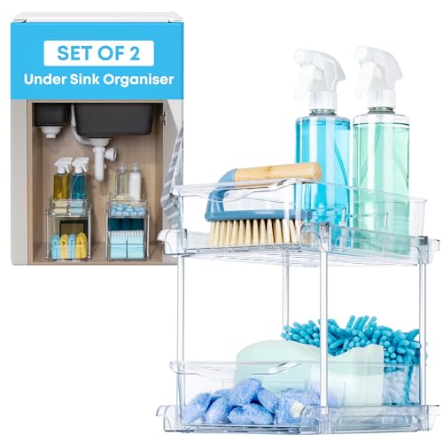 Fineway 2 Pack Under Sink Storage for Kitchen - 2 Tier Pull Out Kitchen Sink Organiser - Adjustable Dividers for Kitchen Cupboard Organiser - Home Organisation for Bathroom & Cleaning Products