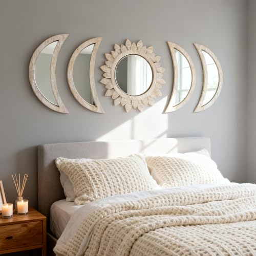 Cpcdaosk 5 Pieces Moon Phase Mirror Wall-Mounted Wall Decor Mirrors