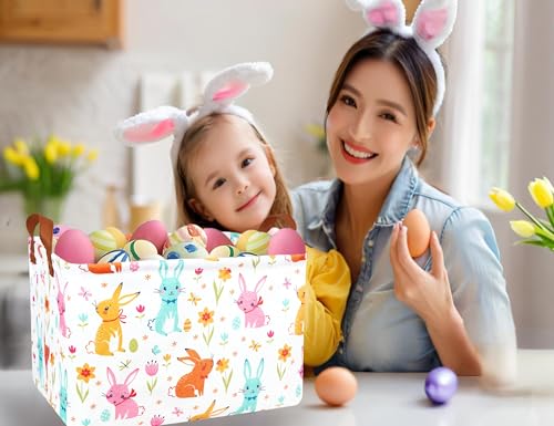Image of Large Rectangular Easter Baskets Empty Waterproof Boy Toy Box Foldable Kid's Gifts Storage Bin Spring Room Decor(Flower Rabbit Egg)