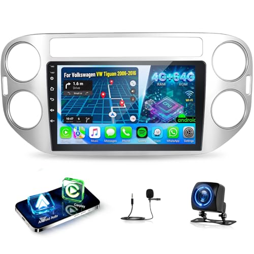 4G+64G Android Autoradio pour Volkswagen VW Tiguan 2006-2016 avec Carplay & Android Auto sans Fil, Écran Tactile IPS 9 Pouces avec GPS, WiFi, 32EQ, Bluetooth 5.0, Radio FM/RDS