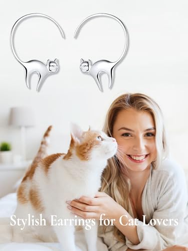 Cat Earrings 925 Sterling Silver Cute Lazy Walking Cat Dangle Earrings for Women