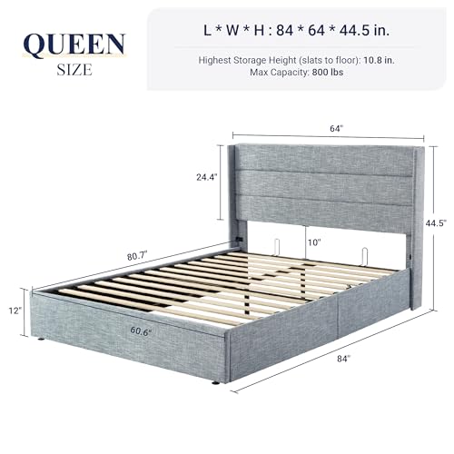 Allewie Queen Size Lift Up Storage Bed, Modern Wingback Headboard, Hydraulic Support, No Box Spring Needed, Grey Blue