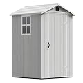 Devoko 4×4 FT Resin Storage Shed with Floor, Plastic Outdoor Garden Shed with Windows and Lockable Doors, Waterproof Outside Tool Sheds for Patio Backyard Lawn, Light Gray