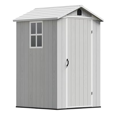 Devoko 4×4 FT Resin Storage Shed with Floor, Plastic Outdoor Garden Shed with Windows and Lockable Doors, Waterproof Outside Tool Sheds for Patio Backyard Lawn, Light Gray