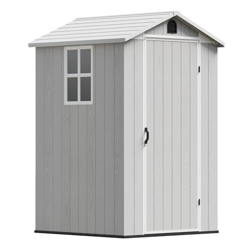 Image of Devoko 4x4 FT Resin Storage Shed with Floor, Plastic Outdoor Garden Shed with Windows and Lockable Doors, Waterproof Outside Tool Sheds for Patio Backyard Lawn, Light Gray