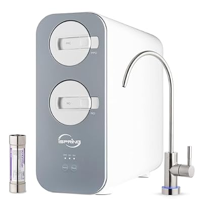 iSpring RO800G+UVF8 Tankless Reverse Osmosis System with LED UVF8 Light, 800 GPD Fast Flow RO System, 2.5:1 Pure to Drain Ratio RO Water Filter System, Brushed Nickel Faucet