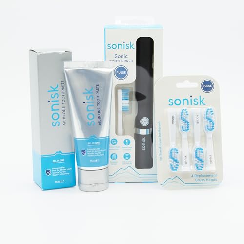 Sonisk Paquete de regalo | Cepillo de dientes eléctrico Pulse, 4 cabezales de repuesto, pasta de dientes todo en uno | Tecnología Sonic, eliminación de placa, aliento fresco | Recomendado por