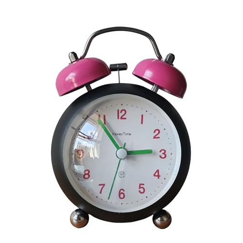 HoneyTime 4 Twin Bell Bedside Alarm Clock, Clashing Colour Deisgn, Curved Front Glass, Silent Analog Quartz, Loud Alarm for Heavy Sleepers, Battery Operated Light (Black)