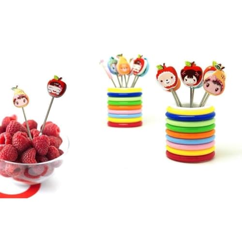 Image of Baby Self Feeding Spoon and Fork Set with Travel Case Stainless Steel Kids Cutlery Toddler Training Utensils Color as per Stock (Fruit Forks with Rings Stand)