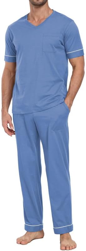 CF Mens Pajamas Set Cotton Sleepwear Soft Short Sleeve Pjs Comfy 2 Piece Nightwear V-Neck Long Pants Loungewear with Pockets