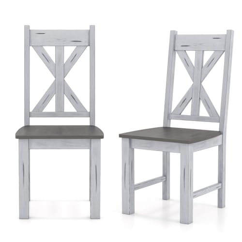 Giantex Retro Wooden Dining Chairs Set of 2, Farmhouse Kitchen Chairs w/Rubber Wood Frame, Elegant Hollowed Backrest, Armless Dining Room Chairs, Rustic Side Chairs for Restaurant, Living Room, Grey