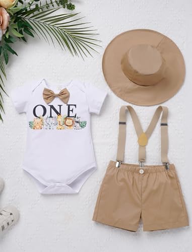 OBEEII First Birthday Outfit Baby Boy Cake Smash Outfit Safari Zookeeper Animal Lion Bow Tie Romper + Suspender Shorts + Hat2