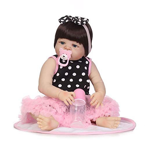 DFJU 22 Zoll Real Life Silikon Vinyl Ganzkörper Reborn Babypuppe, Neugeborene Mädchen Puppe in rosa Karo Rock… – Bild 2