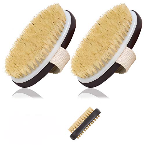 Dry Skin Body Exfoliating Brush - Natural Boar Bristle Clean Dead Skin Massage Brush for Cellulite and Lymphatic with Free Nail Brush (Brown - Pack 2)