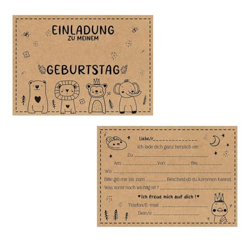 Einladungskarten Kindergeburtstag, 15 Stück Kraftpapier Einladungskarten Geburtstag, Party Einladungen für DIY Einladungskartens für Den Kindergeburtstags Junge Mädchen, Geburtstagseinladungen Inkl