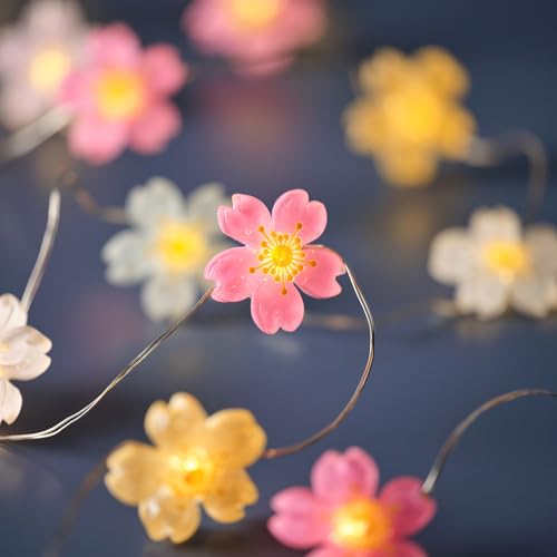 Lights4fun Guirlande lumineuse florale, avec 20 LED, blanc chaud, avec minuterie de 6 h, à piles, décoration printemps, été, Pâques, pour l'intérieur -...