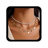 Allereyae Gargantilla bohemia de mariposa en capas, collar de mariposa dorada con circonita cúbica, collar de perlas de boda, collar de alas de mariposa, collar colgante de mariposa, joyería para