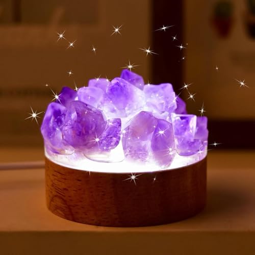 Image of Crystal Lamp Natural Rock Night Light Crystal Amethyst Lights Ambiance Enhancer Quartz Geode Decoration Bedside Table Small Night Lamp for Home, Office, or Space of Meditation (Purple)