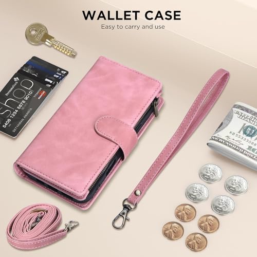 Protection iPhone 15 portefeuille cuir bleu avec fermeture éclair et béquille