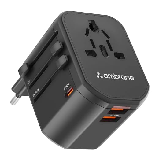 Ambrane Universal Travel Adapter, 4 in 1 Fast Charging; 1 Type C (20W), 2 USB (20W) & 1 AC Socket (880W) with 3 Removable pins for EU, UK and USA/AUS and Other Countries for Modern Travel (ATA-01)