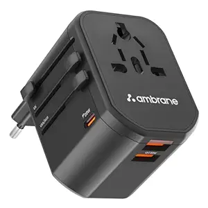 Ambrane Universal Travel Adapter, 4 in 1 Fast Charging; 1 Type C (20W), 2 USB (20W) & 1 AC Socket (880W) with 3 Removable pins for EU, UK and USA/AUS and Other Countries for Modern Travel (ATA-01)