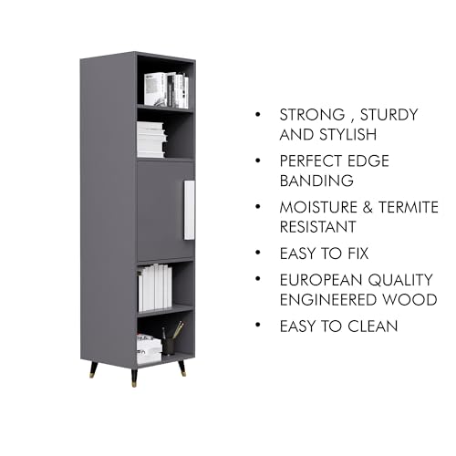 Image of Bniture Bookshelf for Home | Engineered Wood Book Shelf with 1 Door & 4 Shelf | Open Book Shelf Stand for Library | Multipurpose Display Organizer for Living Room, Study & Office | Slate Grey